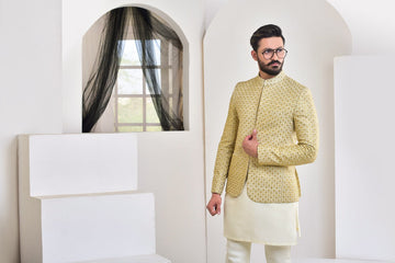 Lemon Color Embroidered Prince Coat For Men